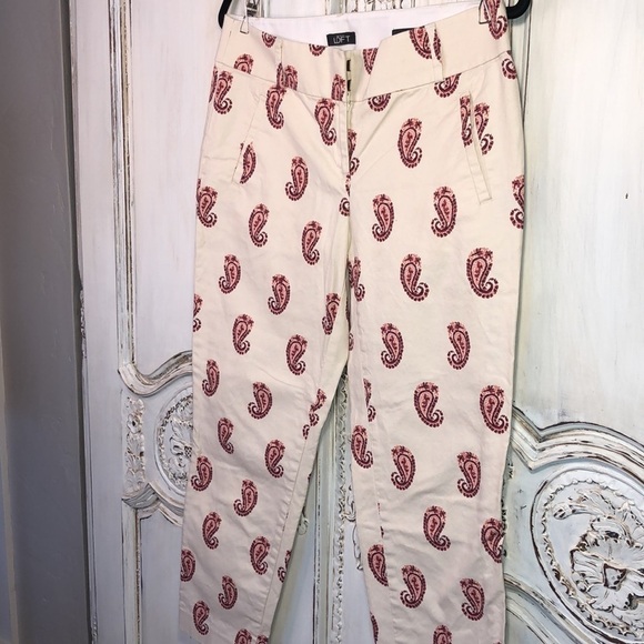 LOFT Ann Taylor Marisa Ankle Pink Paisley Print on Cream Straight Leg Pants - Picture 3 of 11